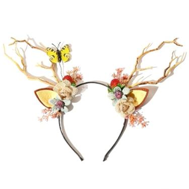 Imagem de ZJchao Tiara de Coroa de Flor de Chifre de Veado Caprichosa Floresta Fada Cosplay Cocar Com Orelhas de Renda Bagas Folhas Decorações para Mulheres Festa de Natal Acessório de Fantasia (Faixa de cabeça)
