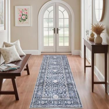 Imagem de Tapete vintage 2х6 Runner, antiderrapante, lavável, resistente a manchas, supermacio, envelhecido, tapete persa, ideal para áreas de alto tráfego no quarto, sala de estar, cozinha, corredor, azul