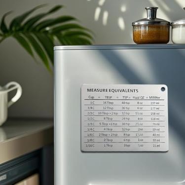 Imagem de Equivalentes de medição de cozinha, imã de geladeira, tabela de conversão de culinária para copos, TBSP, TSP, onças fluidas, mililitros (branco)