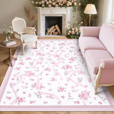 Imagem de GarveeHome Coquette Tapetes de laço rosa e branco para quarto de meninas, tapete lavável 12 x 18 cm para sala de estar com pelo baixo macio, tapetes florais 12 x 17 cm rosa para sala de jantar