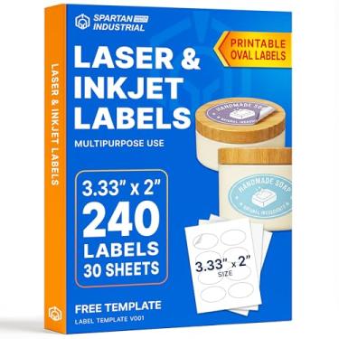 Imagem de Etiquetas ovais imprimíveis de 8,5 cm x 5 cm para impressoras a jato de tinta e laser - 30 folhas, total de 240 adesivos personalizados para etiquetagem de produtos, logotipos de negócios, adesivos de