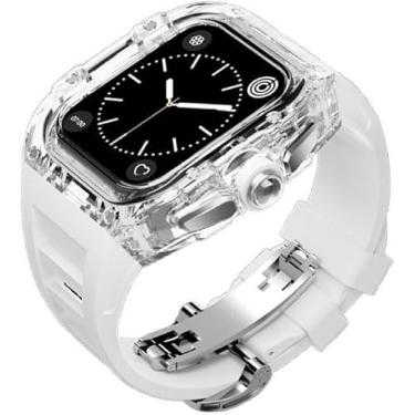 Imagem de BUDAY Capa de relógio transparente de luxo + kit de modificação de pulseira de relógio fluororubber para Apple Watch Band 8 7 6 5 4 SE 45 mm 44 mm capa de policarbonato pulseira esportiva (E,45 mm)
