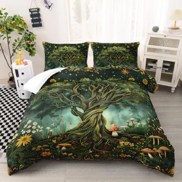 Imagem de AILONEN Conjunto de edredom infantil casal, árvore da vida, boêmio, planta verde, 3 peças, para meninos e meninas, céu estrelado, cogumelo, botânico + 2 fronhas
