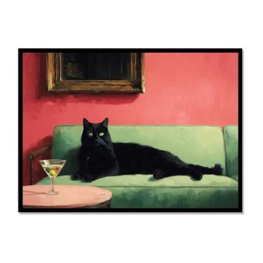Imagem de Gato preto com estampa de arte de Martini fofo gato peculiar coquetel bar decoração moderna casa cozinha arte de parede pintura em tela pôster estética (SKU1,40.6x61.0 cm = (40x60cm), moldura de metal