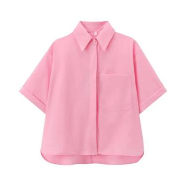 Imagem de Camisa Feminina De Manga Curta Com Gola Polo Em Cor Sólida E Bolso Mod