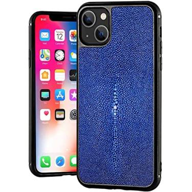Imagem de ZEDEVB Luxuosa capa de telefone traseira totalmente embrulhada, para Apple iPhone 14 Plus 6,7 polegadas 2022 capa de couro de peixe pérola com forro de microfibra (cor: azul)