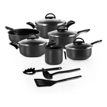Imagem de Jogo de Panelas 09 Peças Preto Antiaderente c/ Tampa de Vidro + Utensí