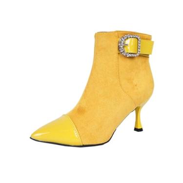 Imagem de Botas femininas de bico fino com zíper lateral e salto médio para uso casual no inverno, Amarelo, 36