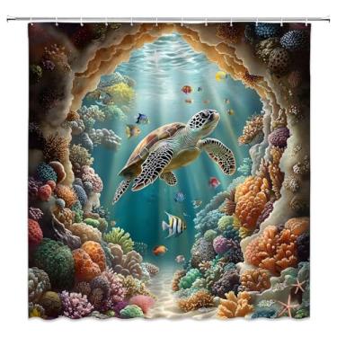 Imagem de Cortina de chuveiro tartaruga marinha colorida recife coral peixe tropical cena caverna subaquática oceano praia vida marinha decoração banheiro cortinas poliéster com ganchos, 70x70C