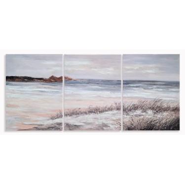 Imagem de Yihui Arts Arte de parede em tela costeira de 3 painéis - Decoração de paisagem de praia em tom suave para sala de estar, entrada do quarto