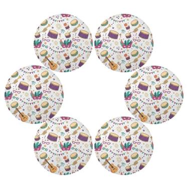 Imagem de Wassud Jogo americano conjunto de 6 tapetes de mesa redondos coloridos de carnaval para cozinha e jantar tapetes laváveis resistentes ao calor decoração de mesa 39 cm