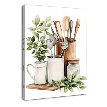 Imagem de Dazzlewall Decoração de parede de cozinha botânica em aquarela emoldurada, folhas de eucalipto verde sálvia e utensílios de cozinha, pôster de parede para decoração de cozinha sala de jantar 30 x 40