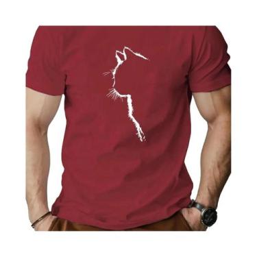 Imagem de Camiseta Masculina 100% Algodão Casual Solta Com Estampa De Gato E Gol