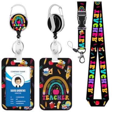Imagem de Cordão para crachá de identidade, carretel de crachá, professor, arco-íris, para homem, mulher, fofo, enfermeira, professor, nome, etiqueta, clipe retrátil, chaveiro resistente, trabalho, escritório