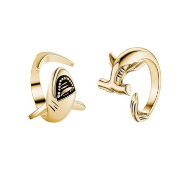 Imagem de Yocoyee 2 peças de anéis de tubarão branco e tubarão martelo, joia de personalidade animal oceano para mulheres e homens - 2 peças, Cobre, Sem pedra preciosa