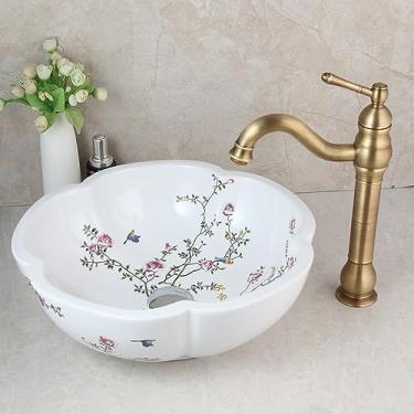Imagem de Bacia de cerâmica primavera flores design lavatório conjunto de pia de banheiro torneira misturadora de água de latão antigo com ralo pop-up (conjuntos de torneira de bacia)