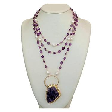 Imagem de DWBPGVUN Corrente de Rosário de Pérola Branca Ametista Forma Livre Pingente de Ametista Drusa 45,7 cm