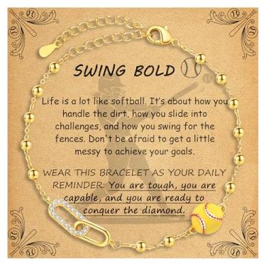 Imagem de BydGxy Pulseira de softball, voleibol, futebol, basquete, futebol, tênis, pickleball, para meninas, mulheres, banhado a ouro 14K, joias esportivas para adolescentes, corrente de elos ajustáveis com