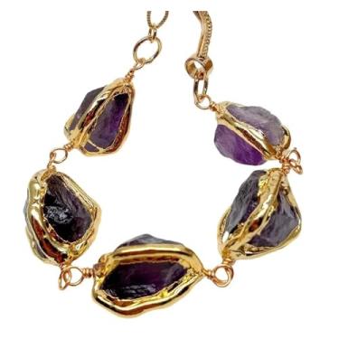 Imagem de DWBPGVUN Pulseira de ametista roxa áspera com borda galvanizada 20 cm