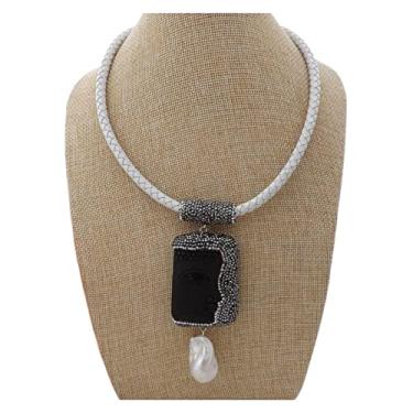 Imagem de Colar de couro branco de 45,7 cm branco Keshi pérola preta pedra cavada Buda colar com pingente estilo religioso