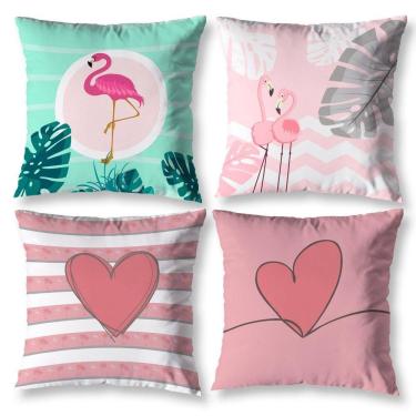 Imagem de Kit 4 Capas De Almofada Sala 40Cm X 40Cm Estampadas Flamingo