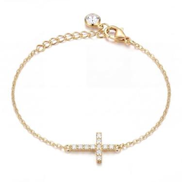 Imagem de UVGVA Pulseira de cruz feminina, banhada a ouro 18 K, pulseira de cruz ajustável, pulseira clássica de fé para presente de adoração, Normal, Metal, Sem Pedra Preciosa