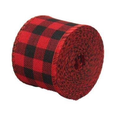 Imagem de Fita De Linho Xadrez Preto, Vermelho E Verde Com Borda Aramada 6M, Pad