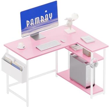 Imagem de Pamray Mesa de computador em forma de L de 101 cm com prateleiras de armazenamento laterais reversíveis, mesa de canto pequena para escritório doméstico, mesa de estudo de escrita PC para quarto, rosa