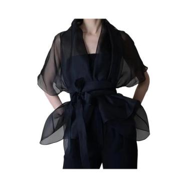 Imagem de Blusa De Organza Em Tamanho plus Para Mulheres, Gola Alta, Decote Em V