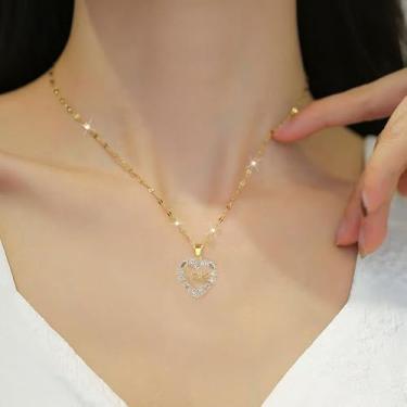 Imagem de Colar feminino com pingente de coração de amor de cristal banhado a ouro de aço inoxidável delicado com strass corrente ajustável, moda, joia fofa, lembrança, 45,7 cm