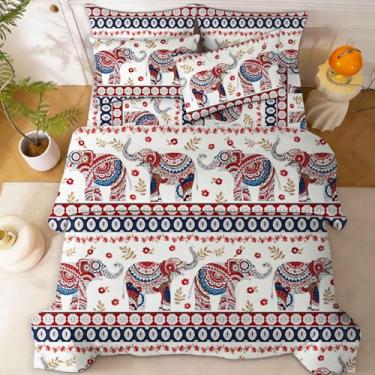 Imagem de SDY Roupa de cama queen com elefante, safári para meninas, meninos e crianças, com edredom de elefante, lençol de cima, lençol com elástico, fronhas e fronhas