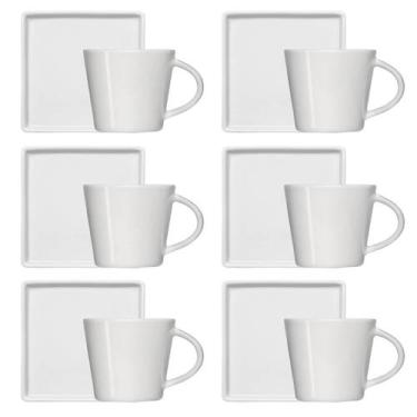 Imagem de Conjunto 6 Xícaras Café Chá Porcelana Branca 185ml Píres Quadrado Amer