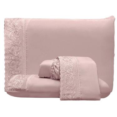 Imagem de Jogo De Lençol Dunna Queen 4 Peças Percal 300 Fios Bordado Inglês Macio - Malva - 100% Poliéster