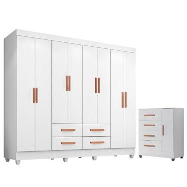 Imagem de Guarda Roupa Casal Porto com Cômoda Lite 4 Gavetas 01 Porta Branco Brilho - Móveis Leão