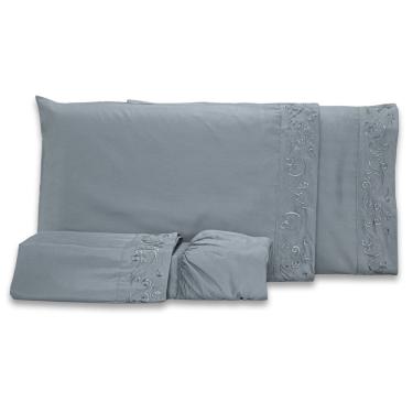 Imagem de Jogo De Cama Lençol Queen Blossom Bordado Floral Percal 300 Fios Com Fronhas 04 Peças - Toque Acetinado Cor Cinza