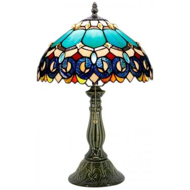 Imagem de Luminária de Mesa Tiffany MQYXH em Vidro Colorido Azul Barroco com Base de Cerâmica Bronze 30x30x47 cm