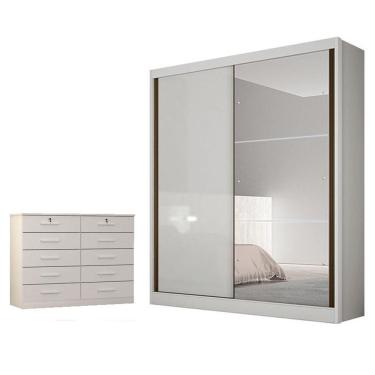 Imagem de Guarda Roupa Solteiro Dante-Seul 2 Portas 3 Gavetas MDF com Espelho Neve Móveis Novo Horizonte