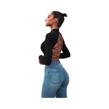 Imagem de Camiseta Feminina De Algodão Com Bandagem, Sem Costas, Manga Longa, Va