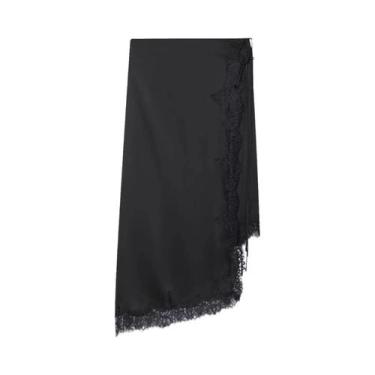 Imagem de Saia Midi Assimétrica De Cetim Com Renda Preta Para Mulheres, Moda Ele