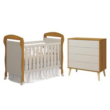 Imagem de Berço Americano Danny E Cômoda Gaveteiro Elfe Retrô Areia Savana Acetinado Natural - Reller