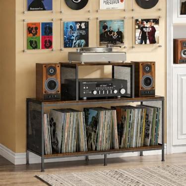 Imagem de Mesa de toca-discos vintage espaçosa - comporta 350 álbuns de vinil, divisórias ajustáveis, áreas de exibição lateral - ideal para sala de estar, quarto, escritório