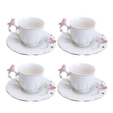 Imagem de Jogo 4 Xícara De Café Porcelana Rosa E Branca Birds Pássaro Com Pires 