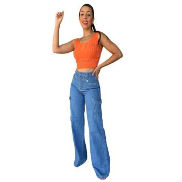 Imagem de Calça Jeans Feminina Wide Leg Cargo Azul - Previdência Jeans 