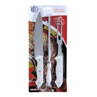 Imagem de Kit Churrasco Profissional Inox 3 Peças Chaira Faca Garfo - XINRUIDA