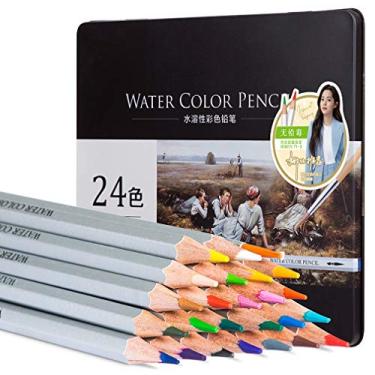 Imagem de Lápis de cor solúvel em água com 24 cores, caixa de ferro com cores brilhantes e traços delicados