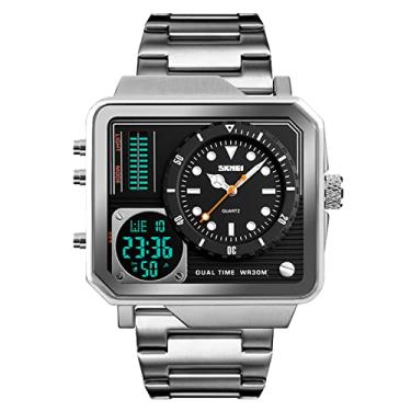 Imagem de SKMEI Relógio masculino de quartzo analógico, quadrado de LED, mostrador grande, com cronômetro à prova d'água, Prata, 2*1.89*0.55 inch, Clássico