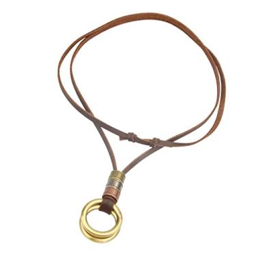 Imagem de #N/A Colar masculino com pingente de corda de couro com círculo duplo ajustável para presente