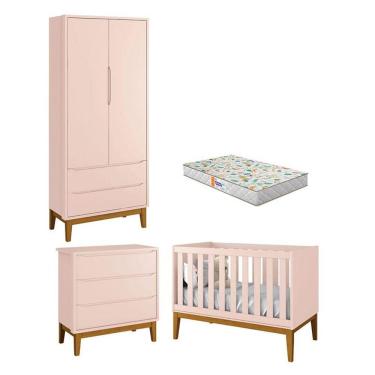 Imagem de Quarto de Bebê 2 Portas e Cômoda Gaveteiro New Classic Rosa com Pés Madeira e Colchão G...