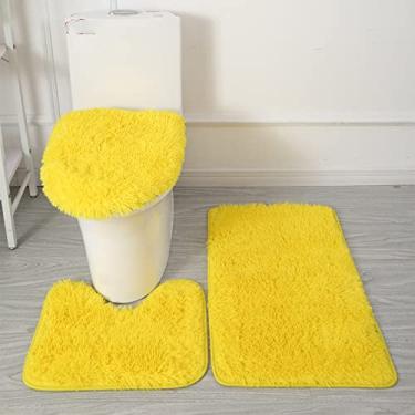 Imagem de Tapete de banho 3 peças/conjunto de pelúcia capa de banheiro almofada de pés absorvente antiderrapante tapete de banheiro de flanela macio tapete de banho, amarelo