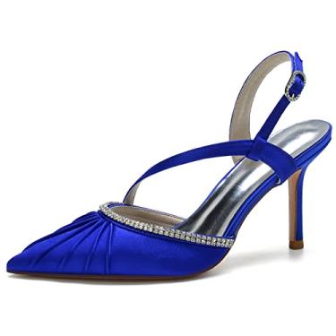 Imagem de Sandália feminina com tira no tornozelo bico fino strass cetim escarpim plissado oblíquo, Azul, 10.5